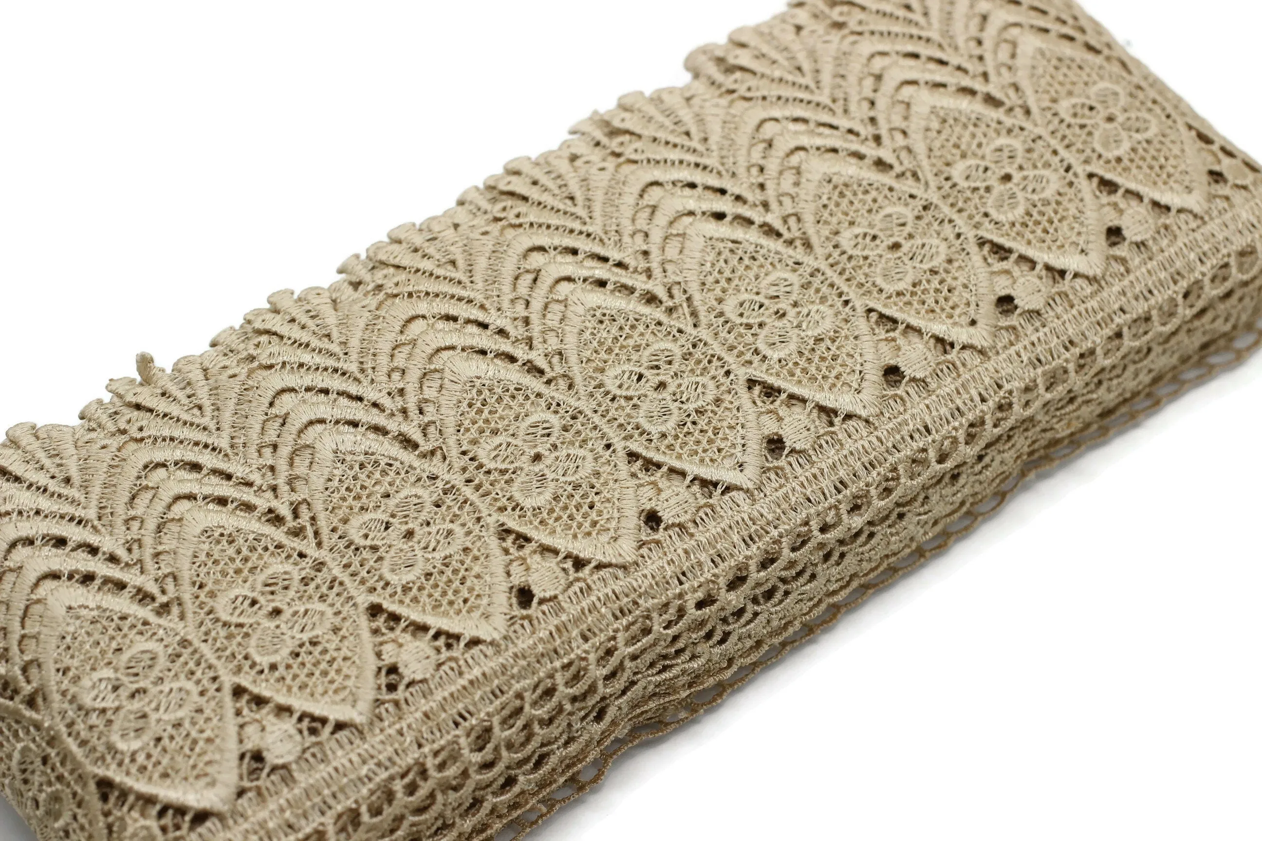 100mm 8 Mt. Beige Bridal Guipure Lace Trim | 3.93 Inches Wide Lace Trim | Geometric Bridal Lace | French Guipure | Lace Fabric TRM100