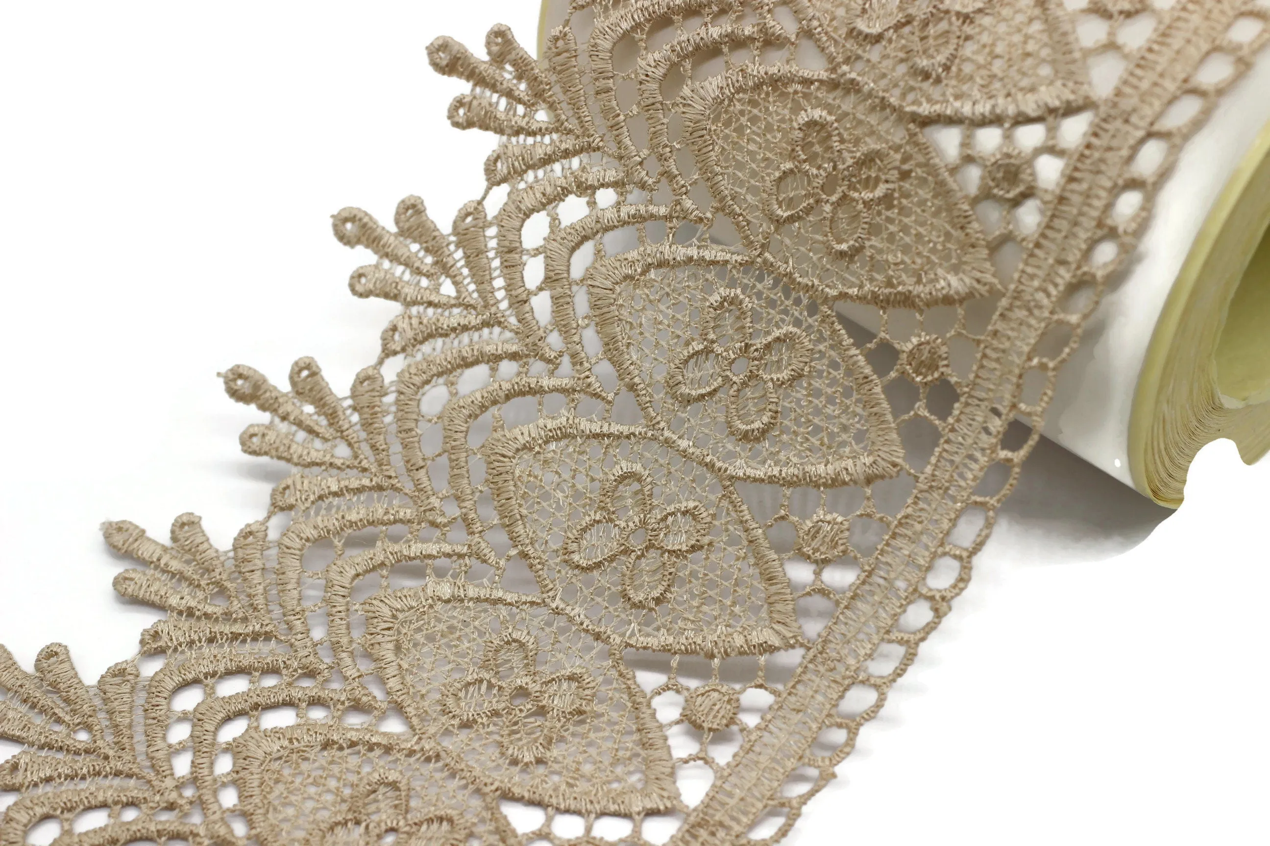 100mm 8 Mt. Beige Bridal Guipure Lace Trim | 3.93 Inches Wide Lace Trim | Geometric Bridal Lace | French Guipure | Lace Fabric TRM100