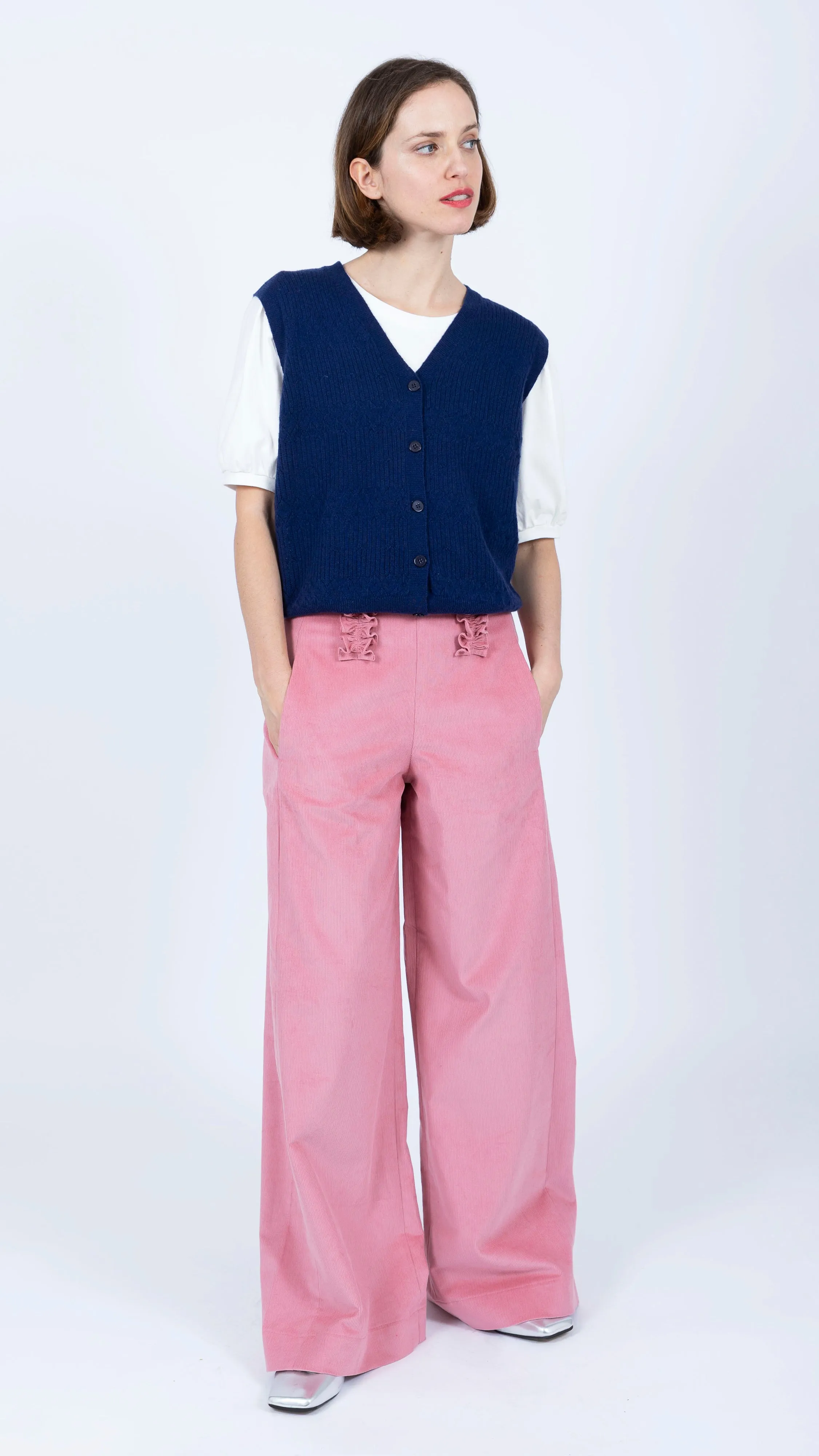 Camille Needlecord Ruffle Trouser Pink