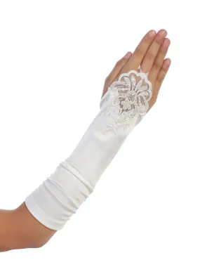 Girls White Floral Embroidery Fingerless Long Special Occasion Gloves 4-14