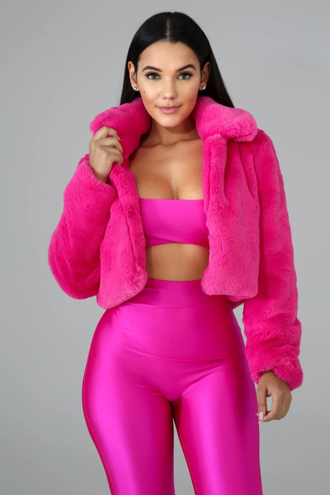 Lapel Collar Solid Candy Color Women Faux Fur Crop Teddy Coat