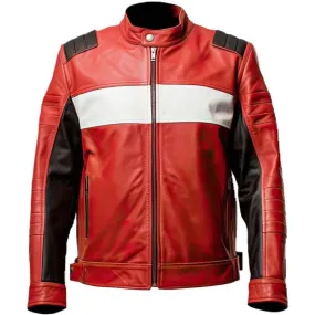Men’s Red Slim-Fit Cafe Racer Genuine Sheepskin Leather Jacket