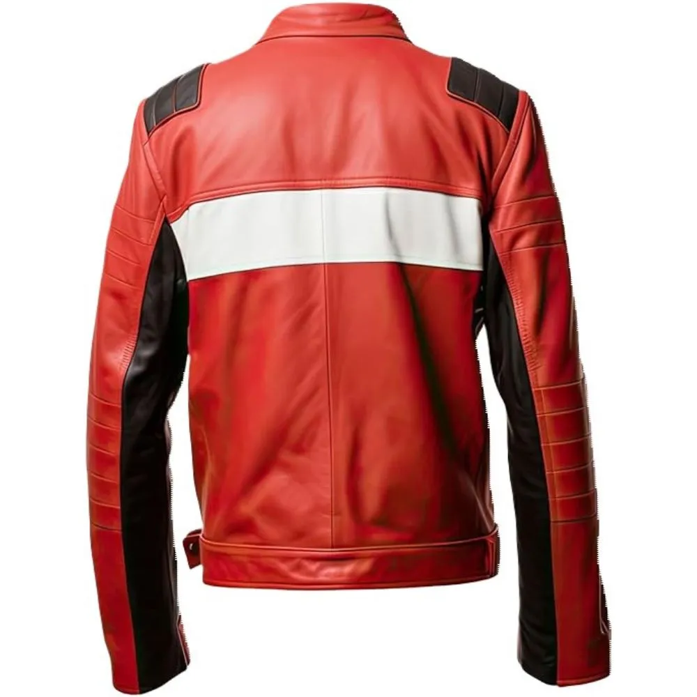 Men’s Red Slim-Fit Cafe Racer Genuine Sheepskin Leather Jacket