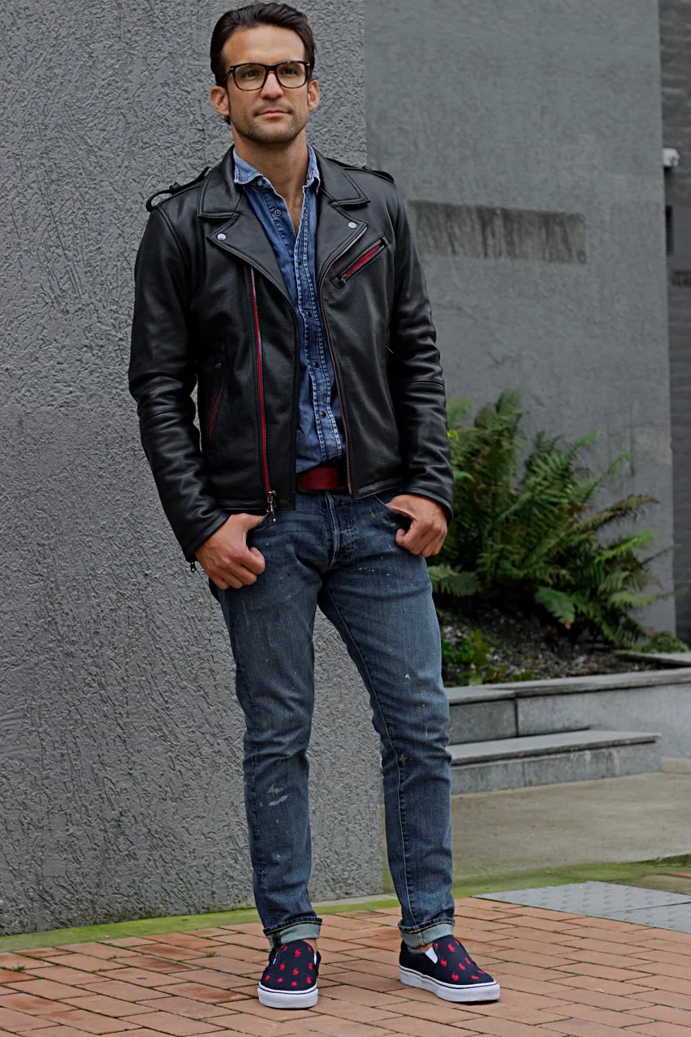 Rebel RD Classic Biker Leather Jacket Leather - Buffalo - Red & Black