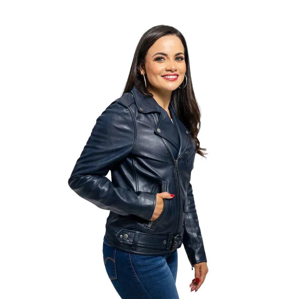 Rebel Womens Fashion Leather Jacket Navy Blue