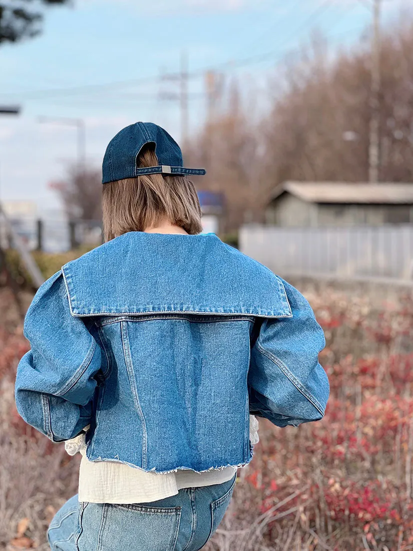 Sailor Collar Raw Hem Denim Cropped Jacket