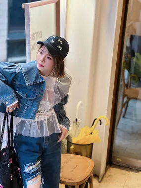 Sailor Collar Raw Hem Denim Cropped Jacket