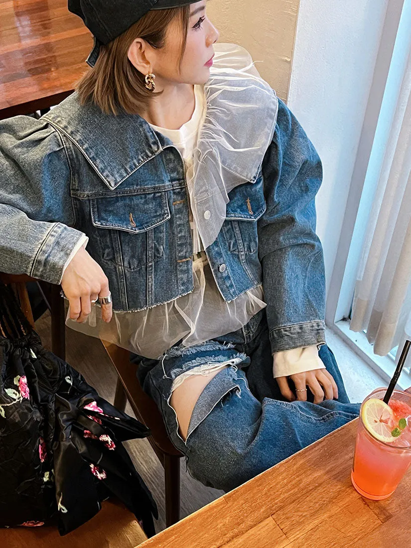 Sailor Collar Raw Hem Denim Cropped Jacket