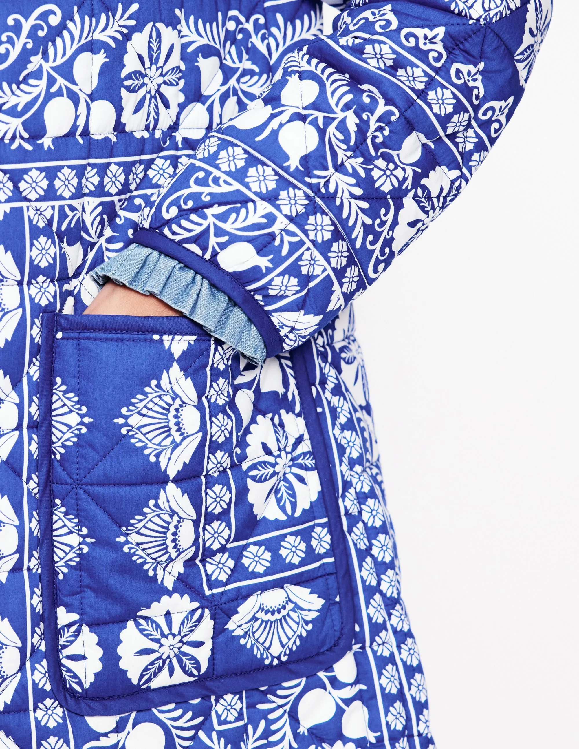 Soft Quilted Coat-Bright Blue, Ornate Border