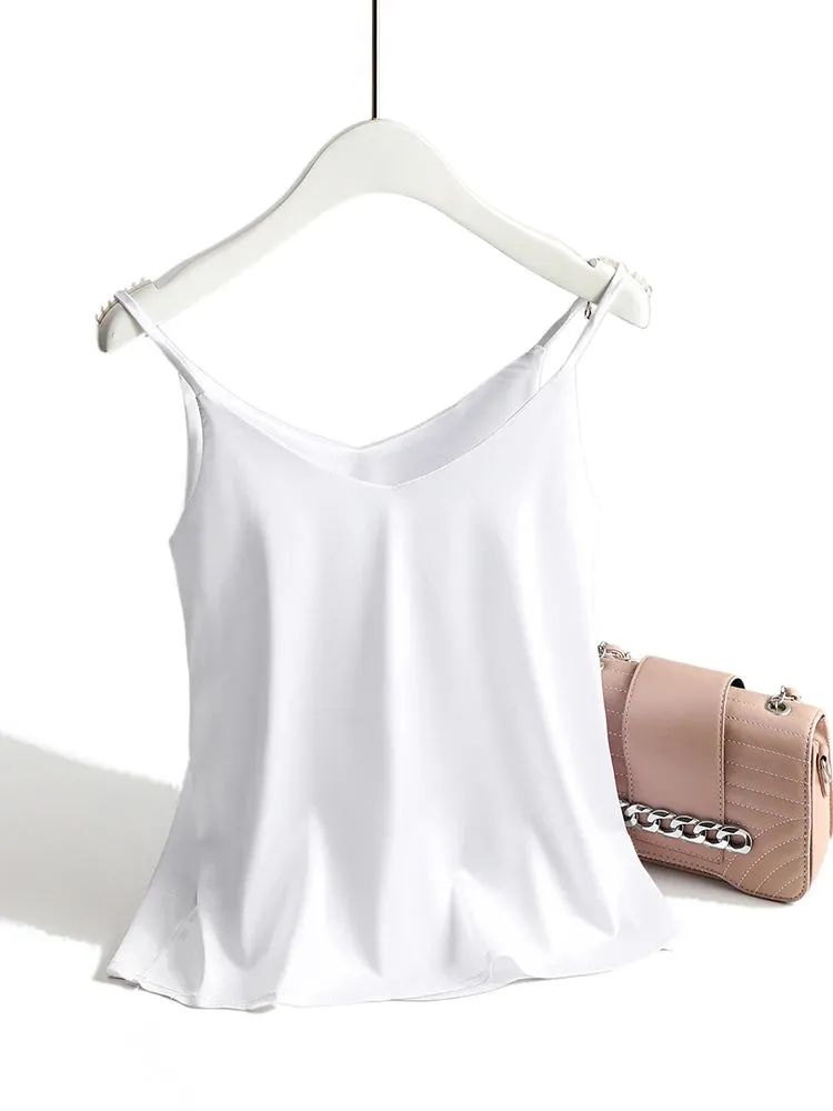 Vintage Spaghetti Strap Halter V Neck Satin Silk Tank Top