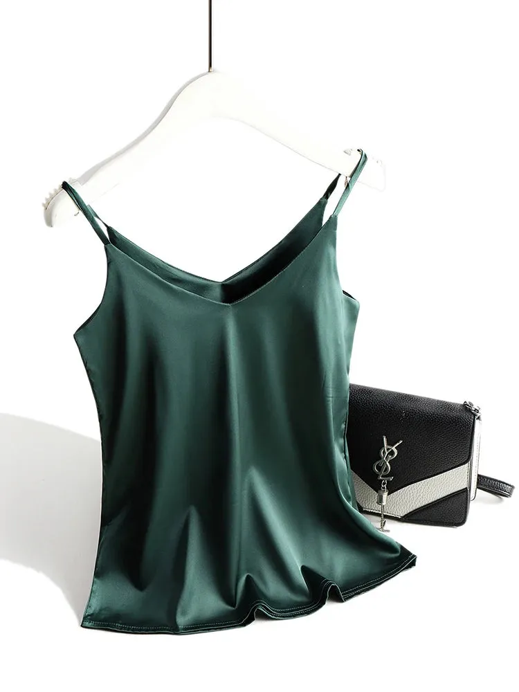 Vintage Spaghetti Strap Halter V Neck Satin Silk Tank Top
