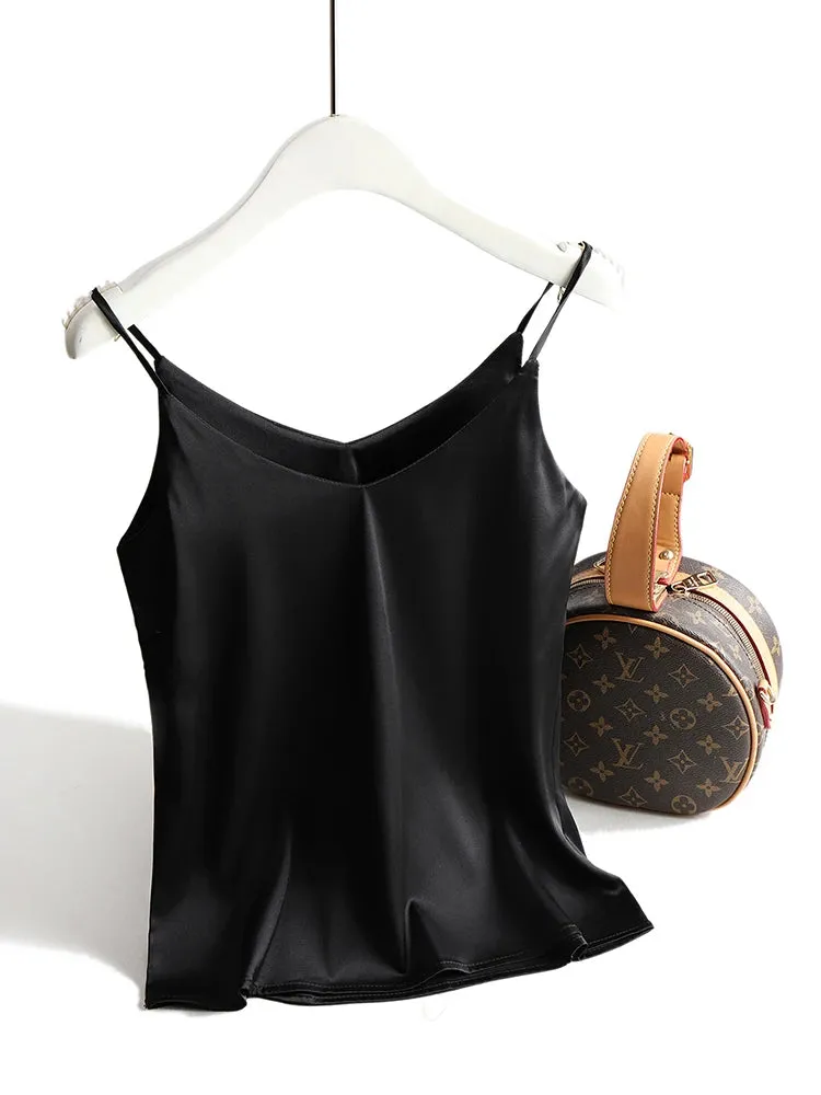 Vintage Spaghetti Strap Halter V Neck Satin Silk Tank Top