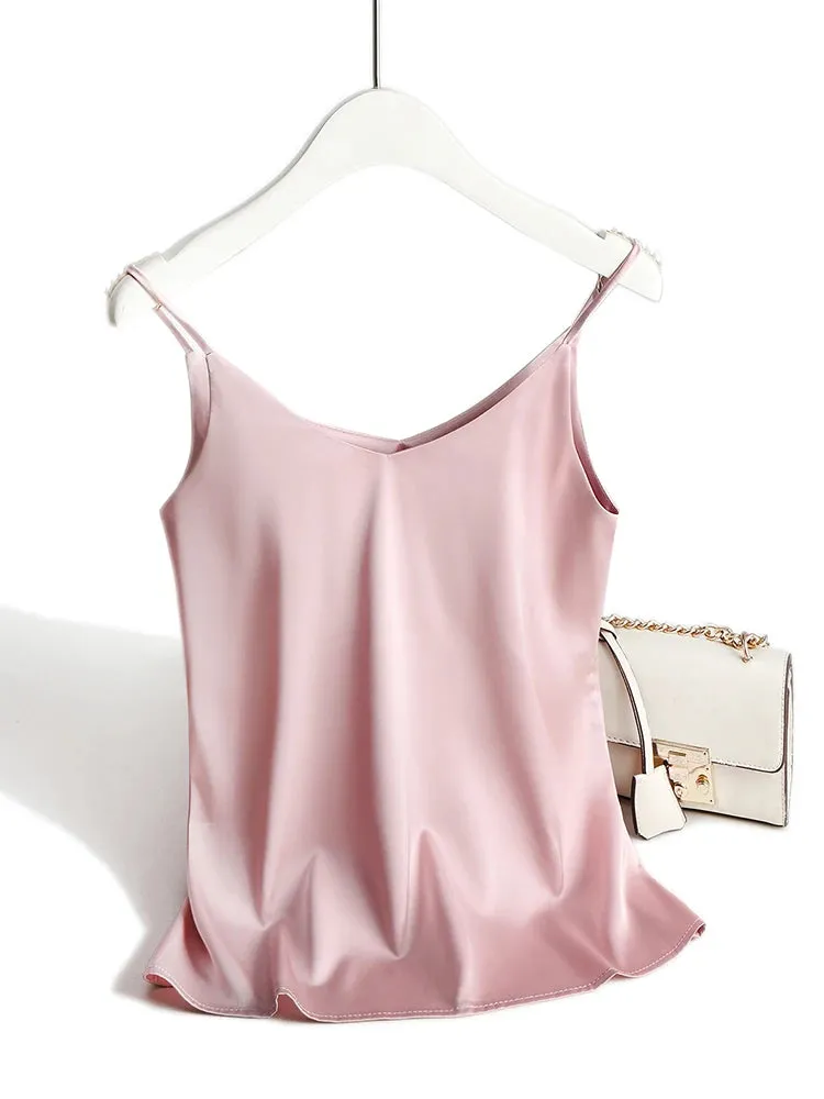 Vintage Spaghetti Strap Halter V Neck Satin Silk Tank Top