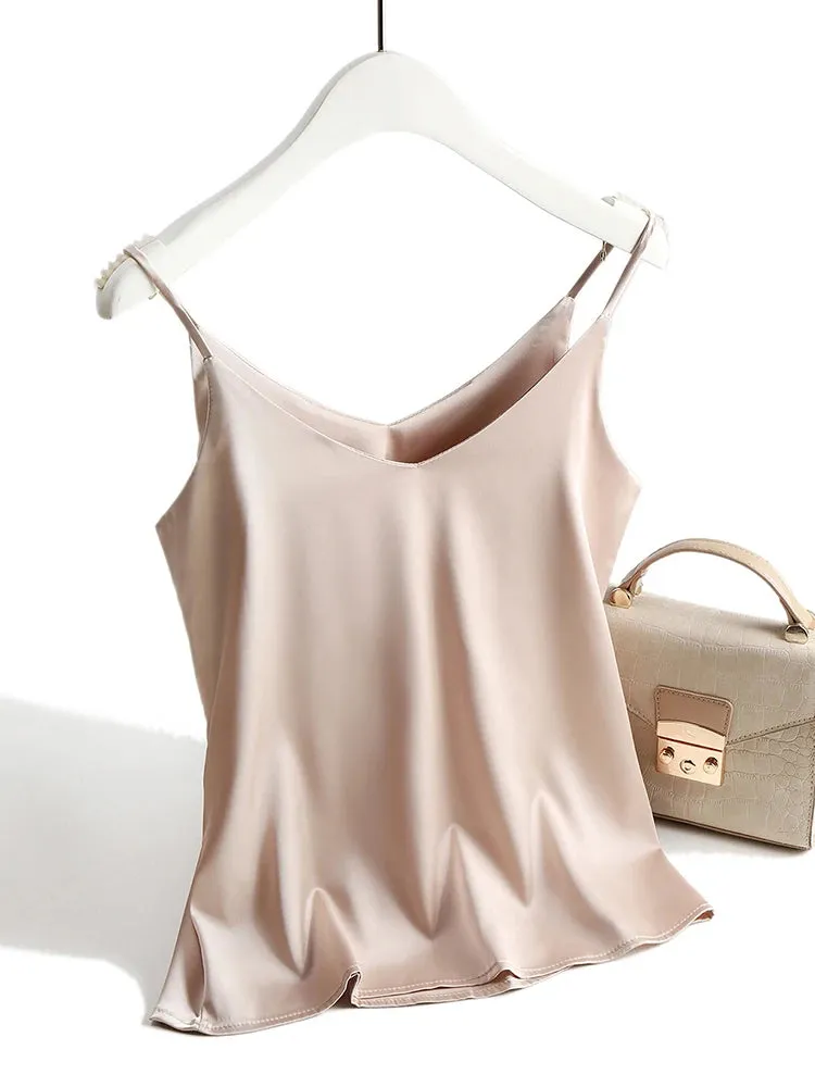 Vintage Spaghetti Strap Halter V Neck Satin Silk Tank Top