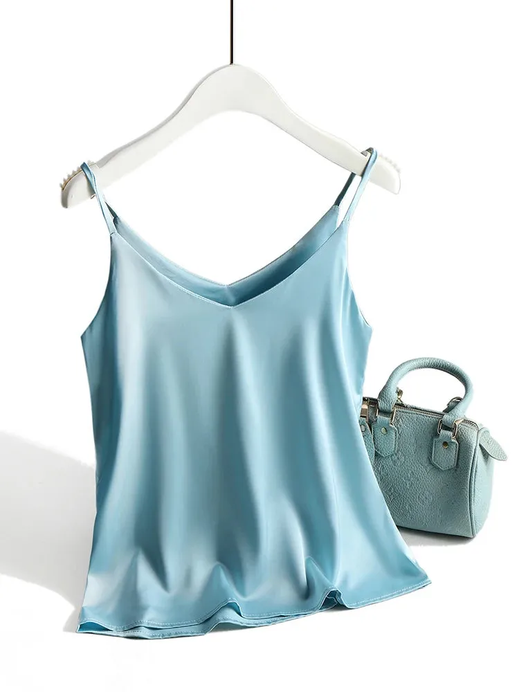 Vintage Spaghetti Strap Halter V Neck Satin Silk Tank Top