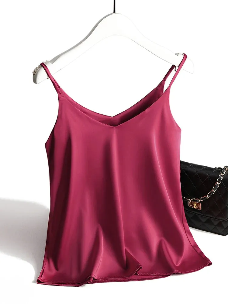 Vintage Spaghetti Strap Halter V Neck Satin Silk Tank Top