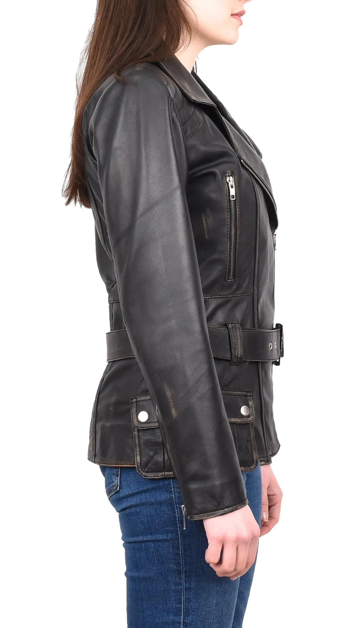 Women’s Slim Fit Cut Hip Length Biker Leather Jacket Rub off Conkara