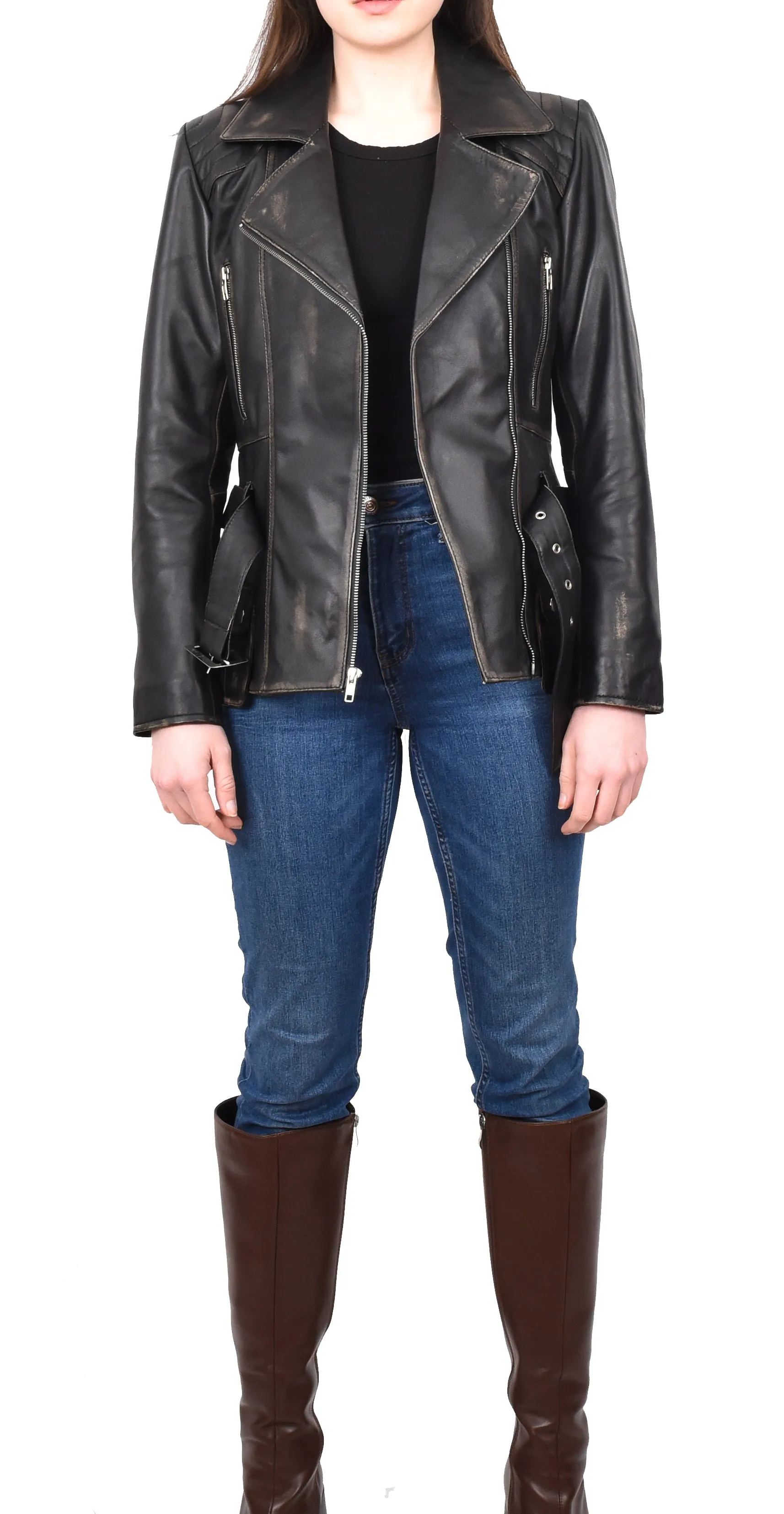Women’s Slim Fit Cut Hip Length Biker Leather Jacket Rub off Conkara