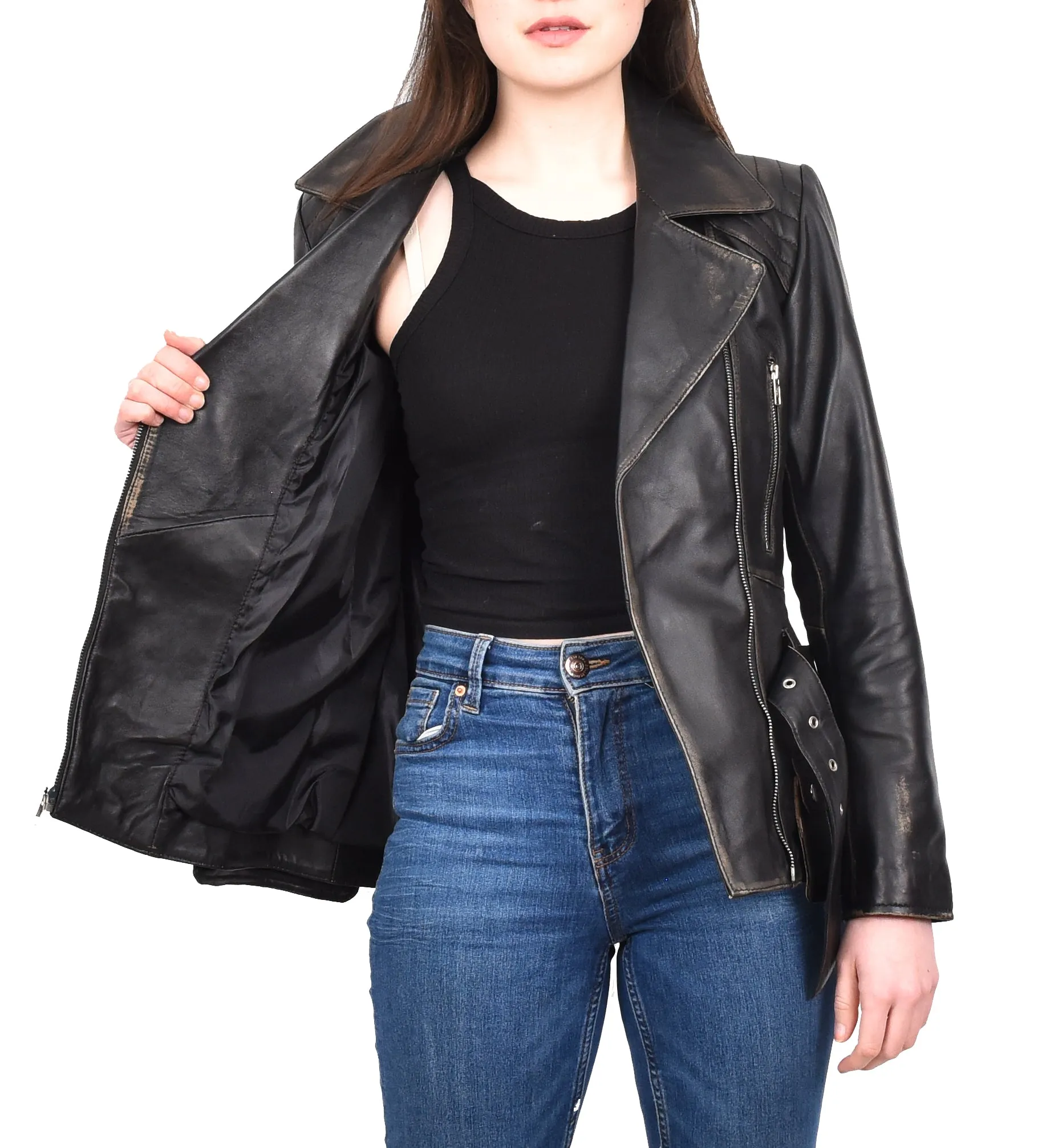 Women’s Slim Fit Cut Hip Length Biker Leather Jacket Rub off Conkara