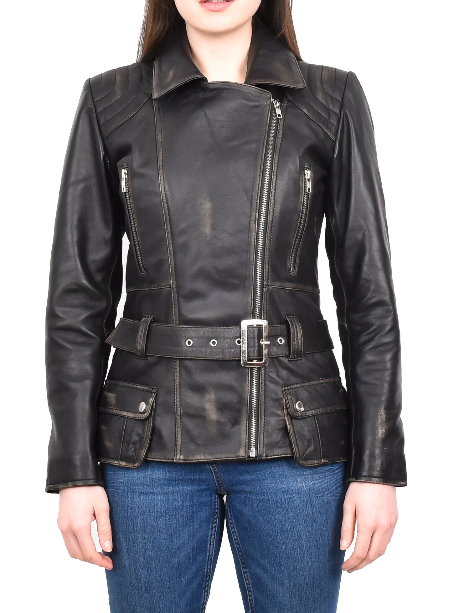 Women’s Slim Fit Cut Hip Length Biker Leather Jacket Rub off Conkara