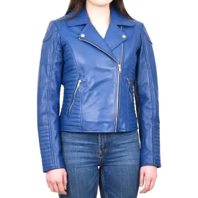 Women's Soft Leather Cross Zip Biker Jacket Blue Eleganza