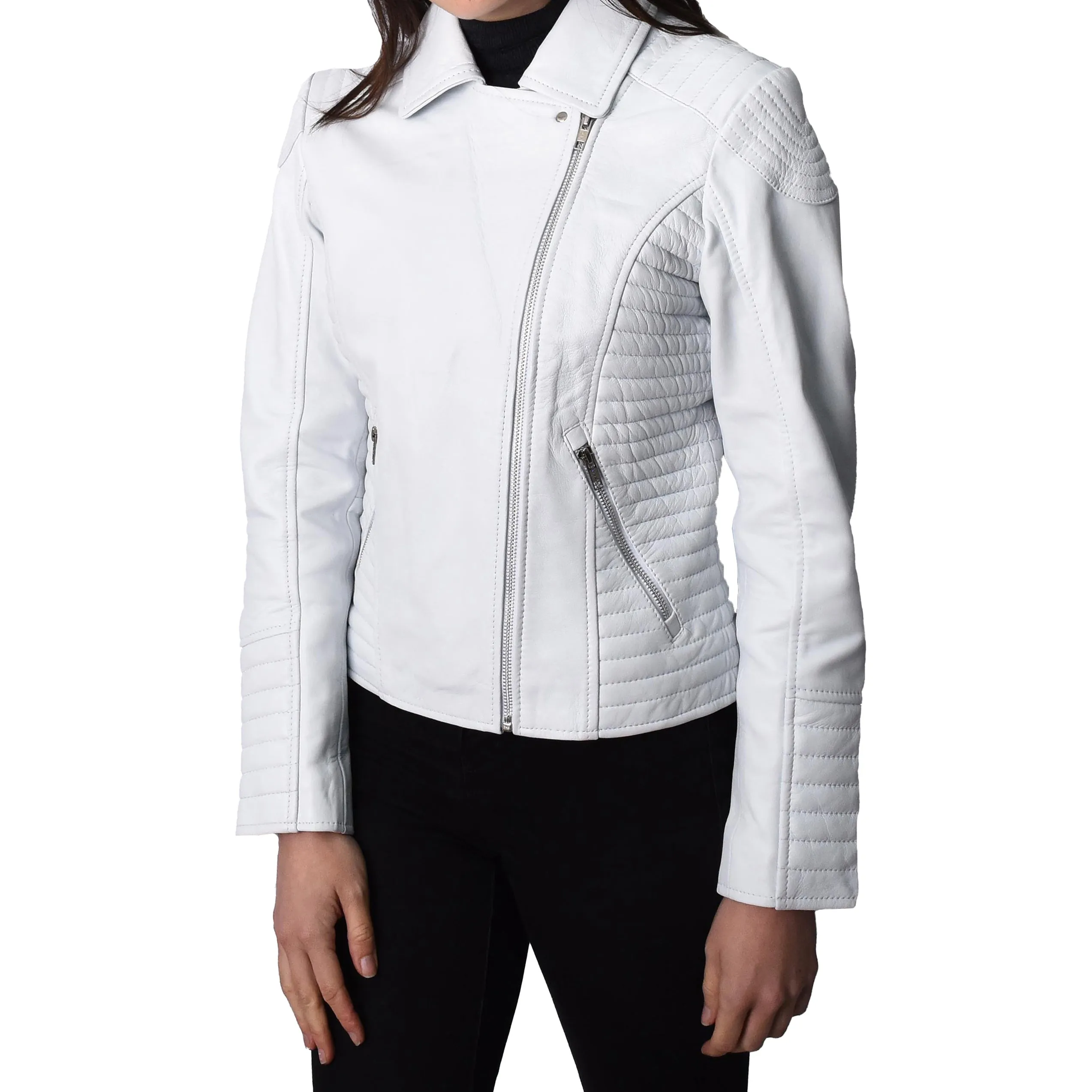 Women's Soft Leather Cross Zip Biker Jacket White Eleganza