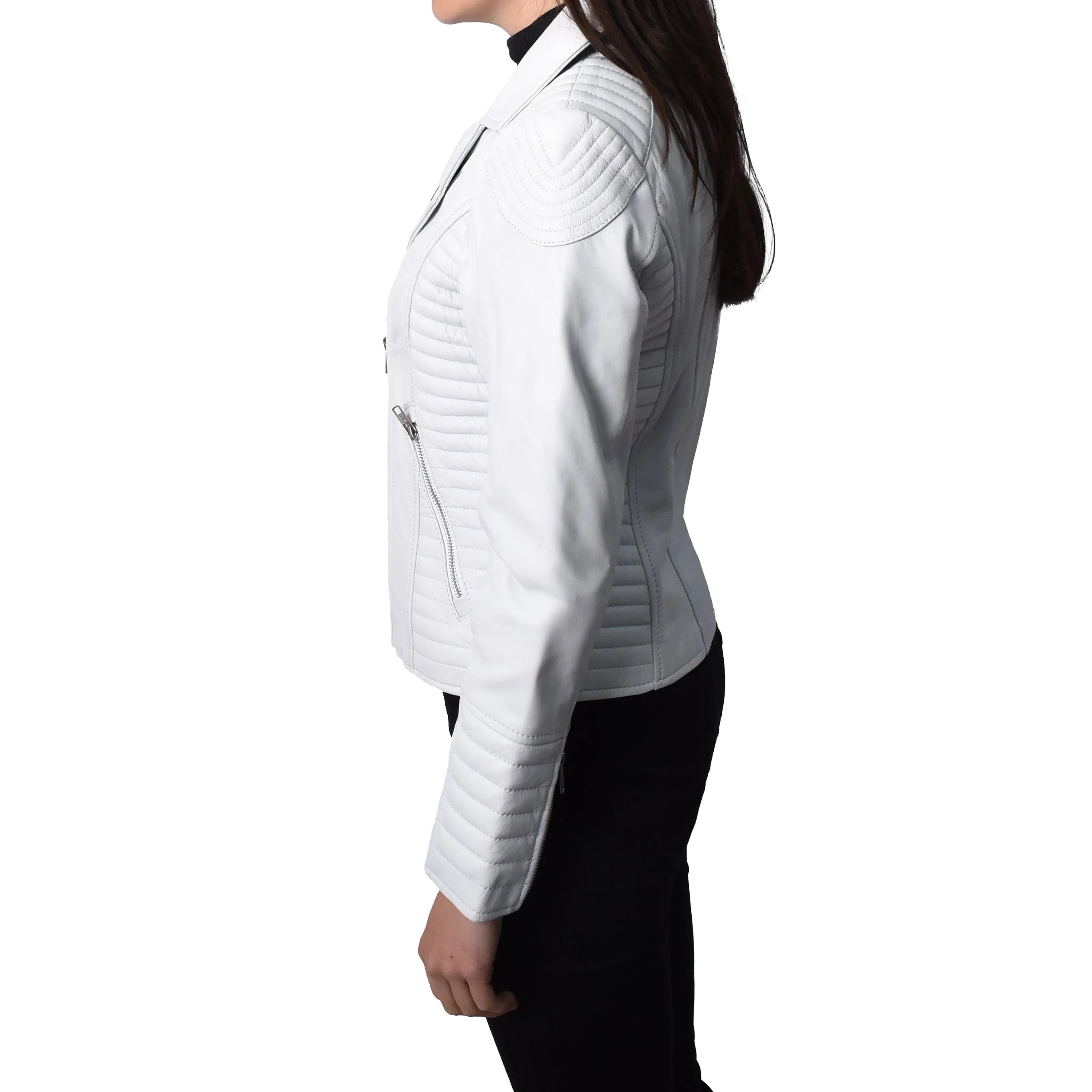 Women's Soft Leather Cross Zip Biker Jacket White Eleganza