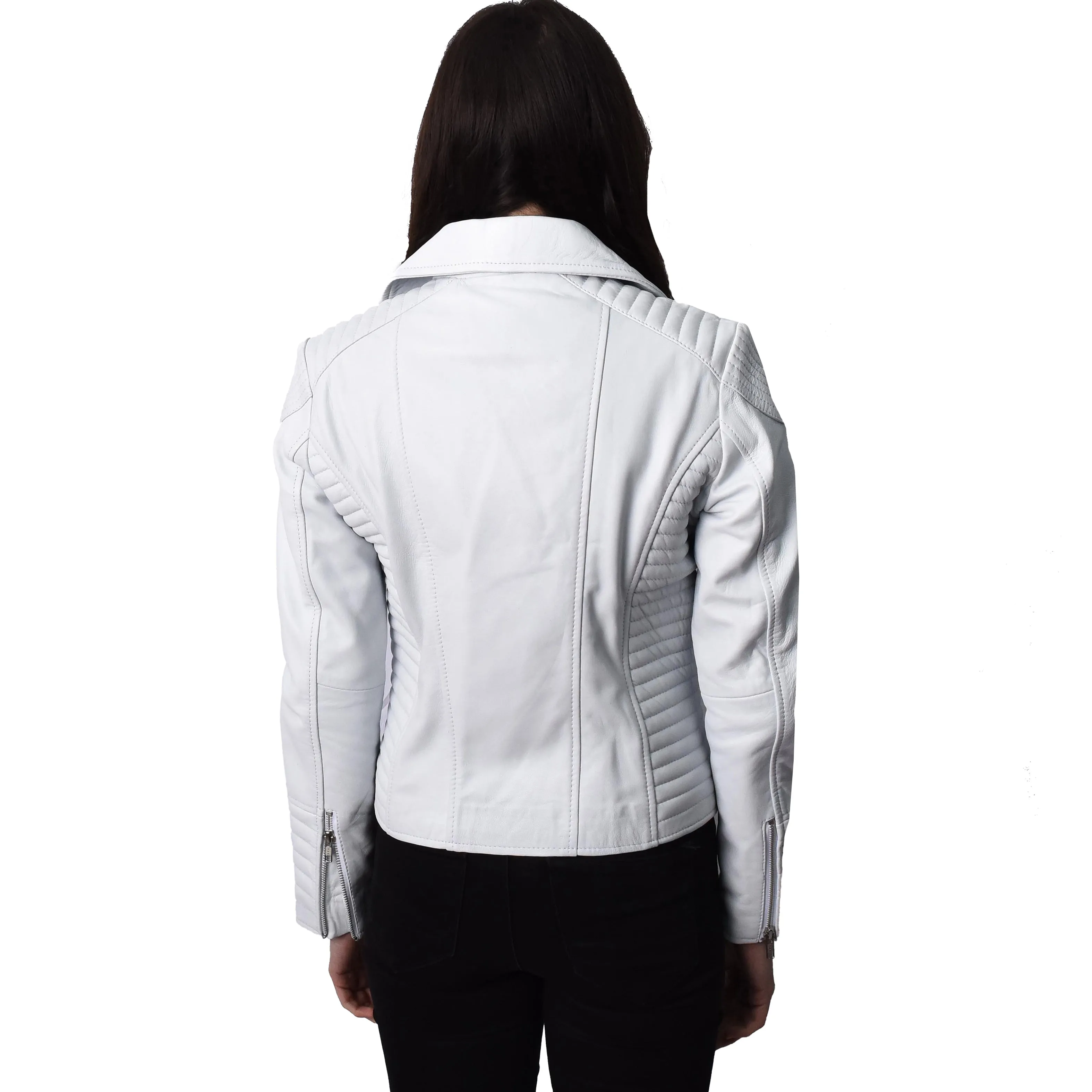 Women's Soft Leather Cross Zip Biker Jacket White Eleganza