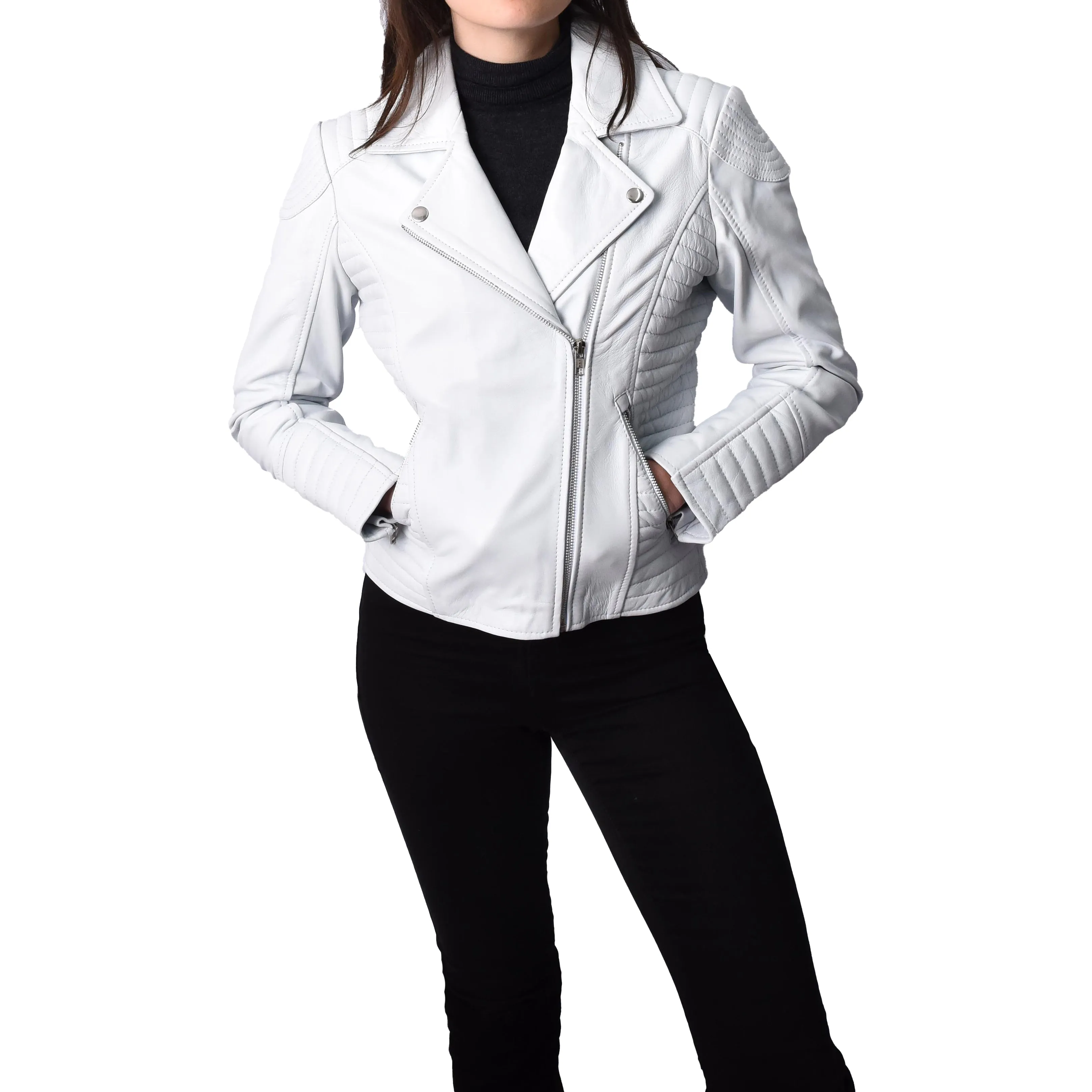 Women's Soft Leather Cross Zip Biker Jacket White Eleganza