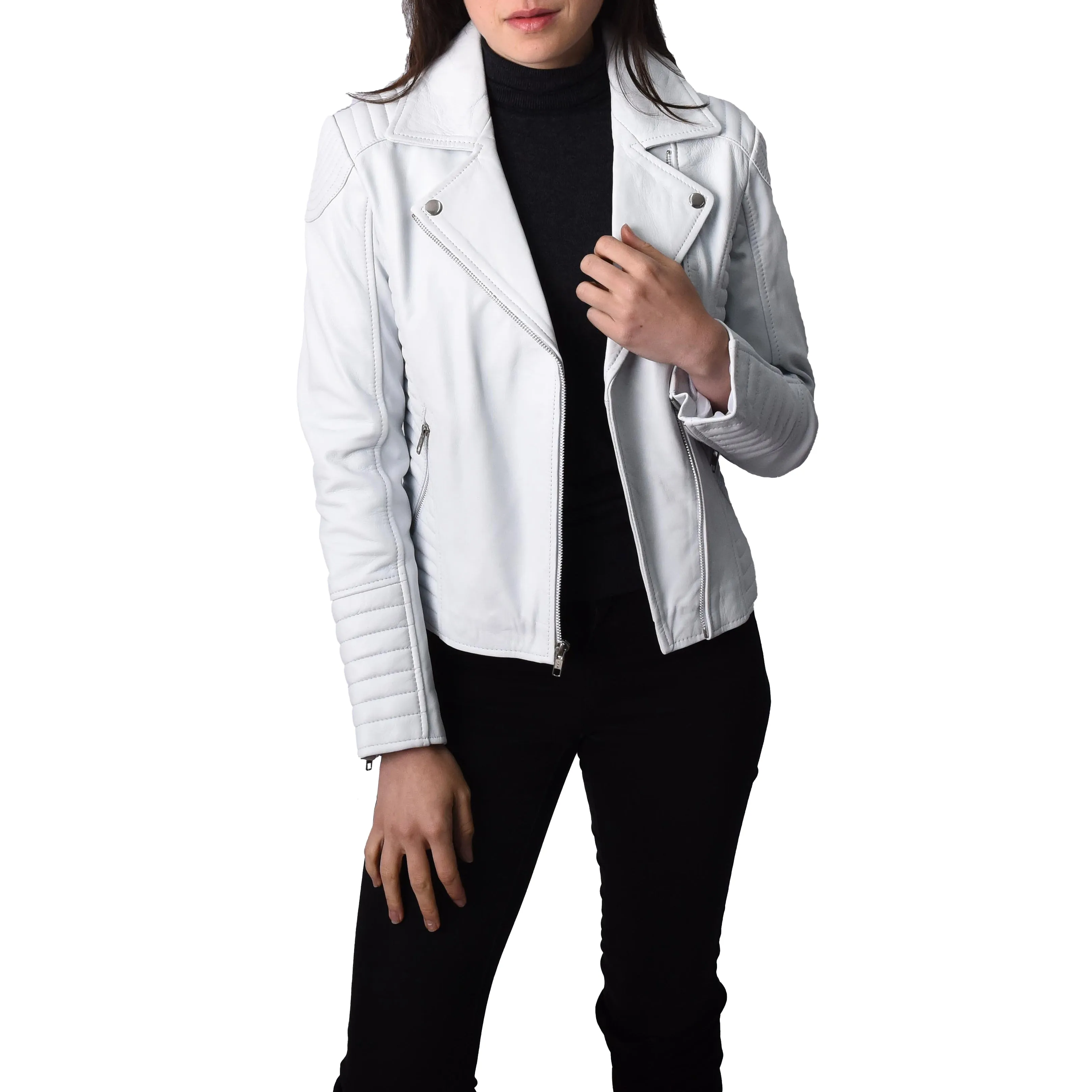 Women's Soft Leather Cross Zip Biker Jacket White Eleganza